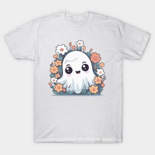 Kawaii Halloween Ghost Among Colorful Flowers T-Shirt